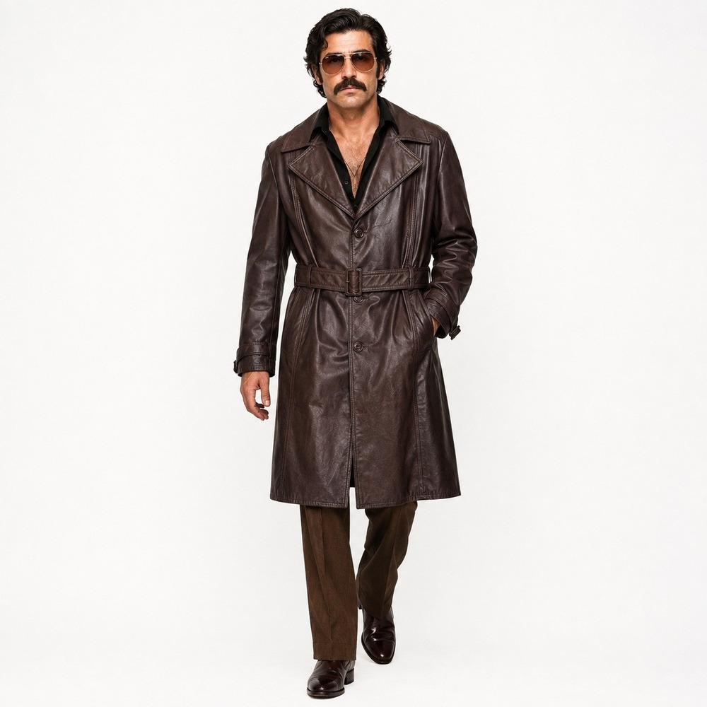 Vintage 70s Wellington Leather Trench Coat Mens 40R Brown Belted USA Mobster